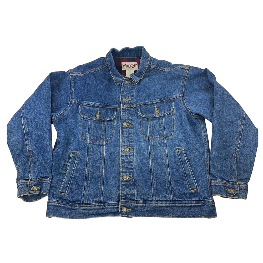 Wrangler Rugged Wear Denim Jacket Blue Red Plaid Flannel Lined RJK32AN Men Large